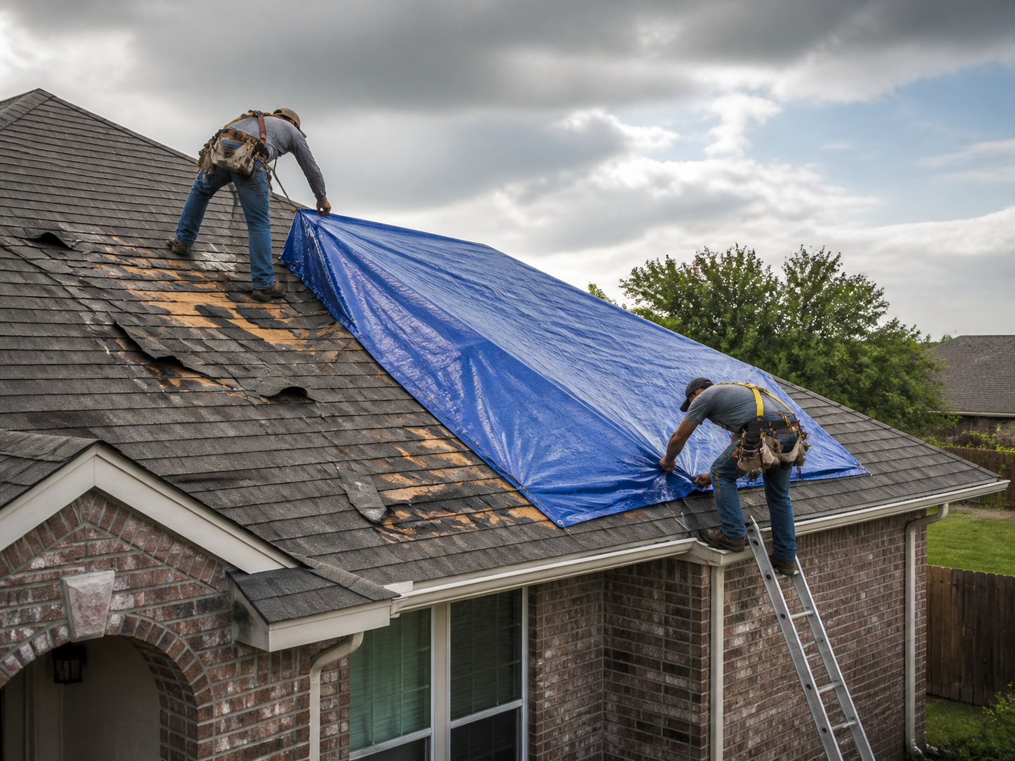 Emergency tarp covering a storm-damaged roof before repair