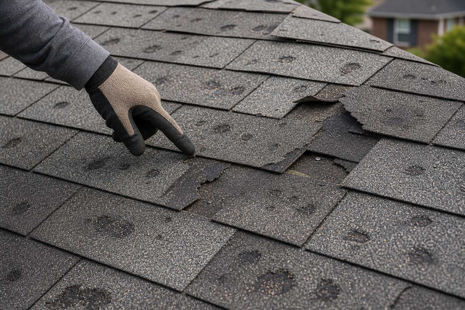 Close-up of lifted shingles and hail bruising after storm damage